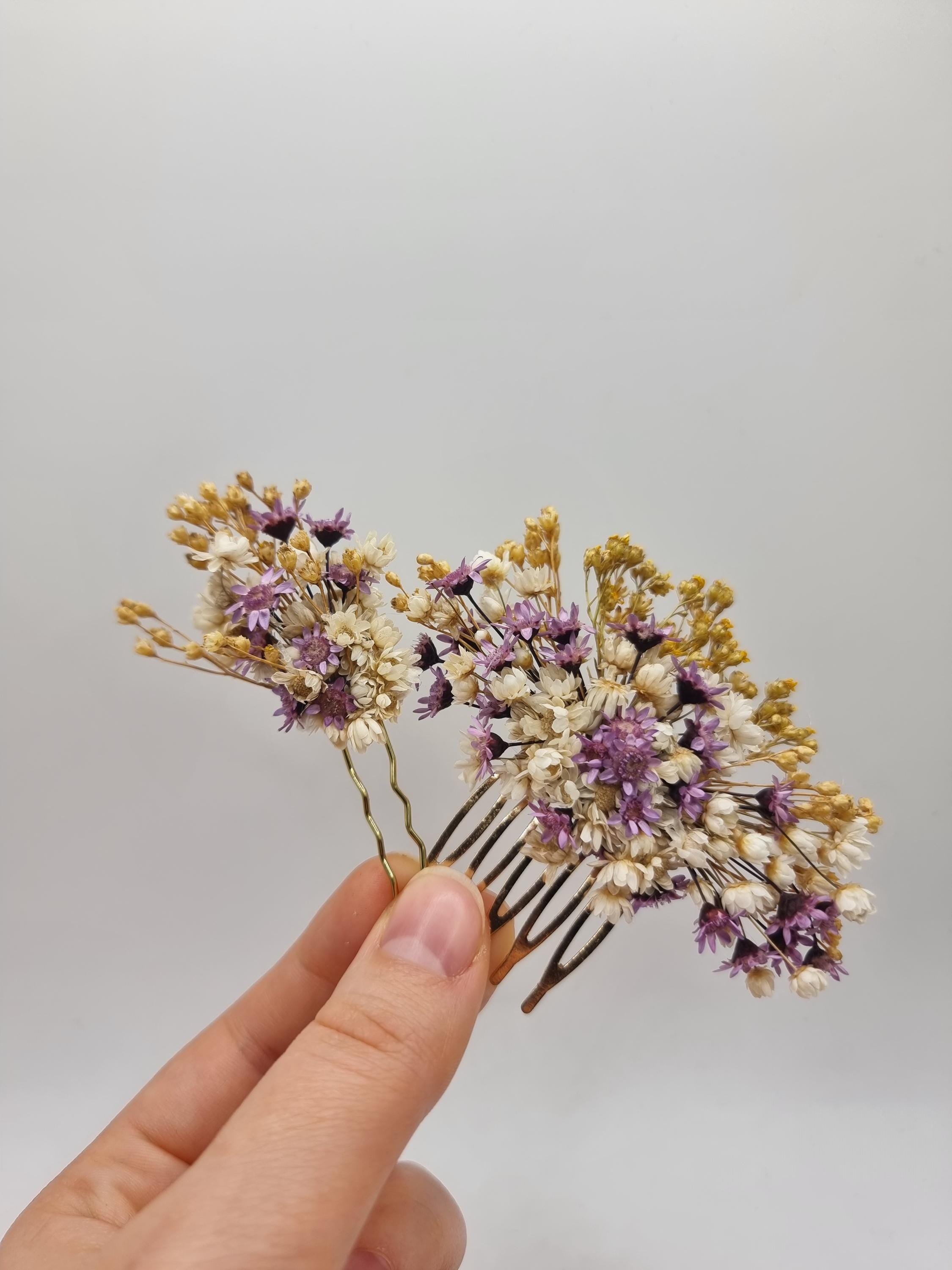 Lavendel & Lila Getrockneter Blumen-Haarkamm | Lila Braut-Haarschmuck, Verspielte Hochzeitshaarspange