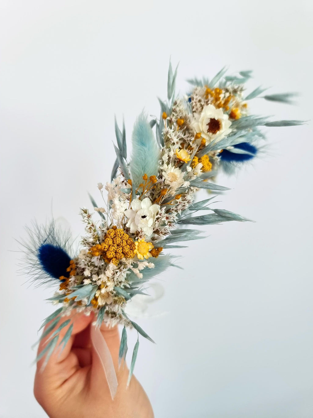 Brautkrone mit blauen und gelben Wildblumen, Hochzeitshaarkranz