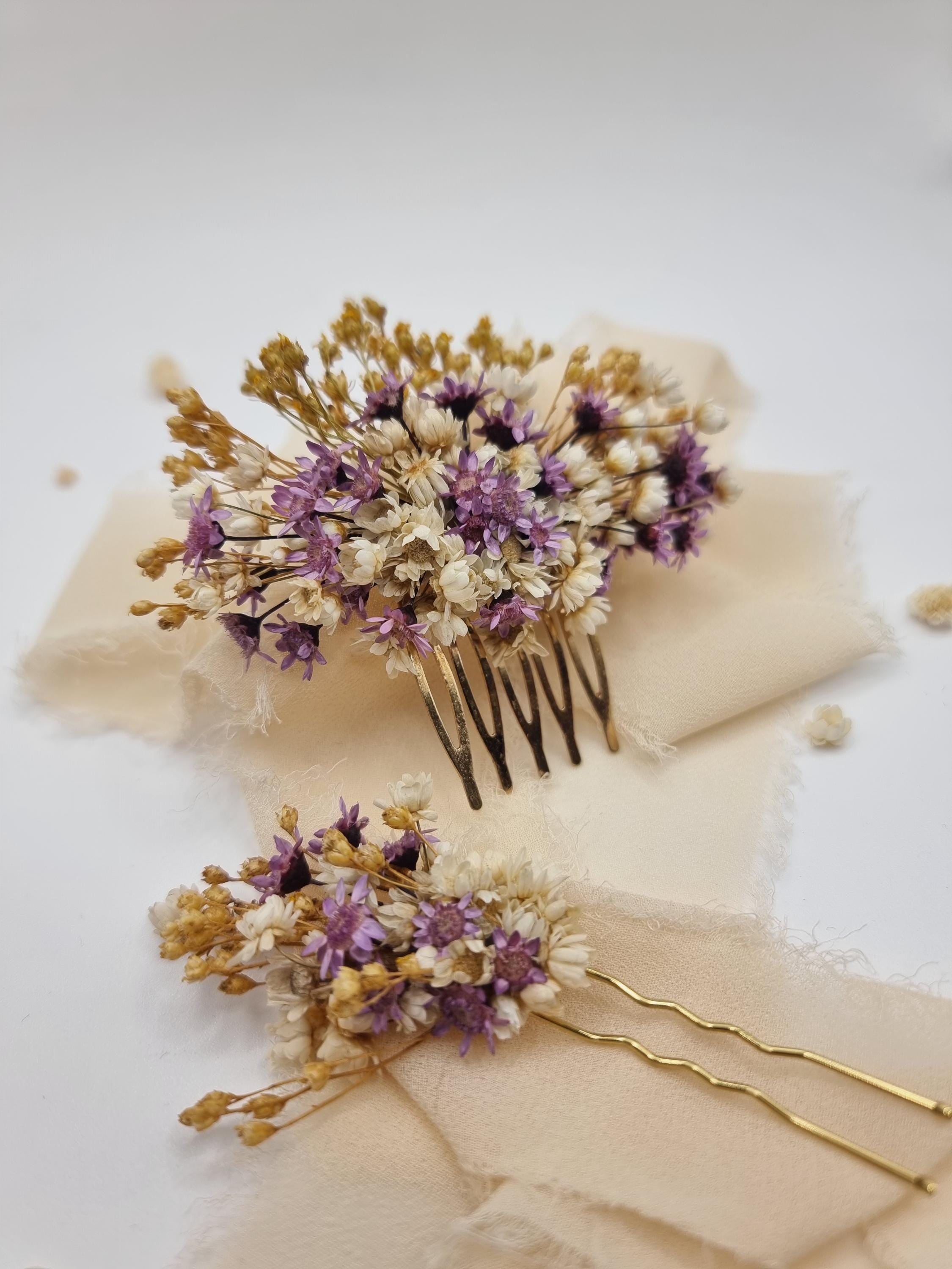 Lavendel & Lila Getrockneter Blumen-Haarkamm | Lila Braut-Haarschmuck, Verspielte Hochzeitshaarspange