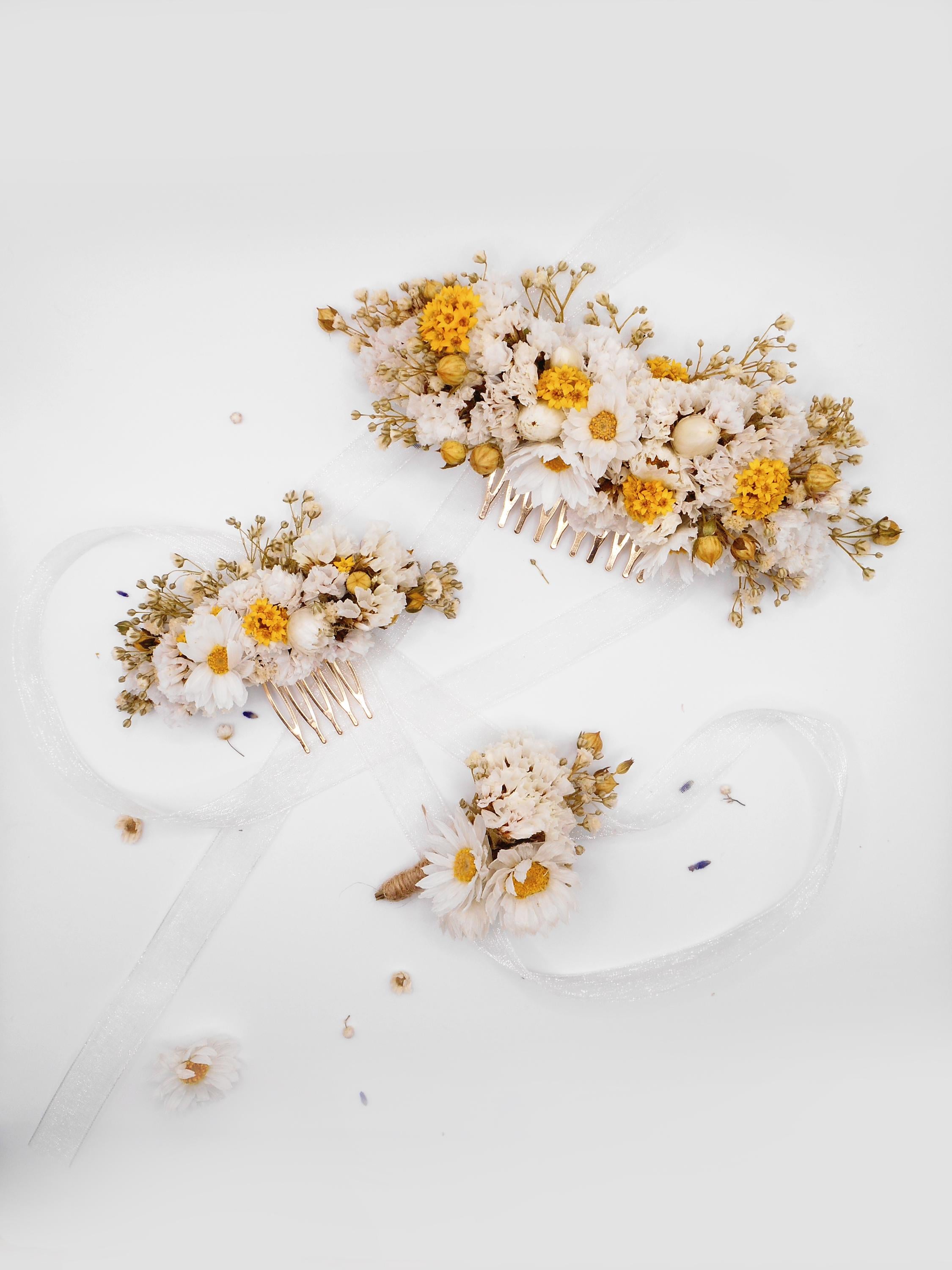 Haarkamm mit getrockneten weißen Gänseblümchen, Haarkamm mit getrockneten Elfenbein- & Goldblumen | Vintage Brautkopfschmuck, rustikaler Hochzeitsgast-Gänseblümchen-Clip, Boho-Chic Brautjungfern-Haarschmuck