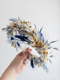 Brautkrone mit blauen und gelben Wildblumen, Hochzeitshaarkranz