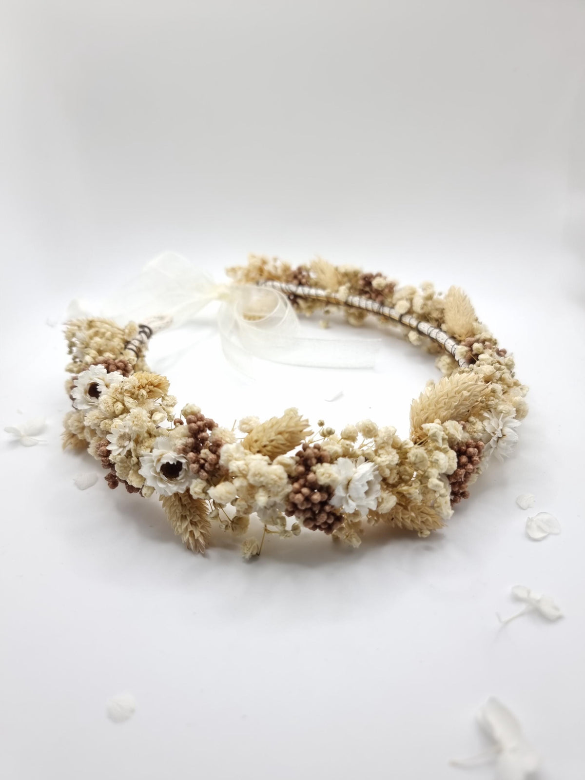 Creme Gypsophila Blumenkranz mit braunen Akzenten, Elfenbein getrocknete Wiesenblüten Kopf Krone