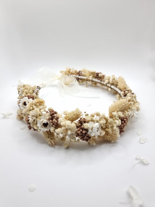 Creme Gypsophila Blumenkranz mit braunen Akzenten, Elfenbein getrocknete Wiesenblüten Kopf Krone
