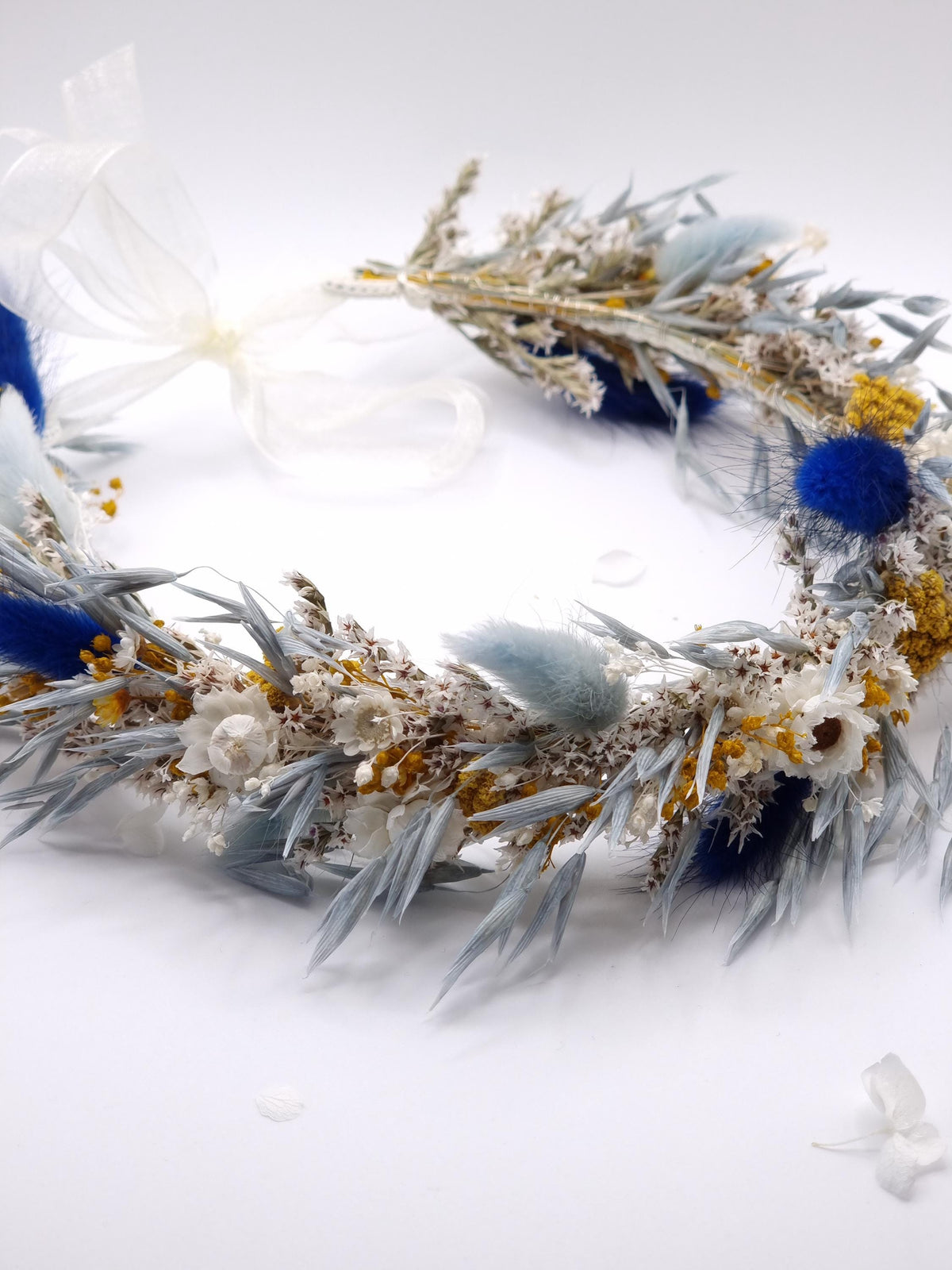 Brautkrone mit blauen und gelben Wildblumen, Hochzeitshaarkranz