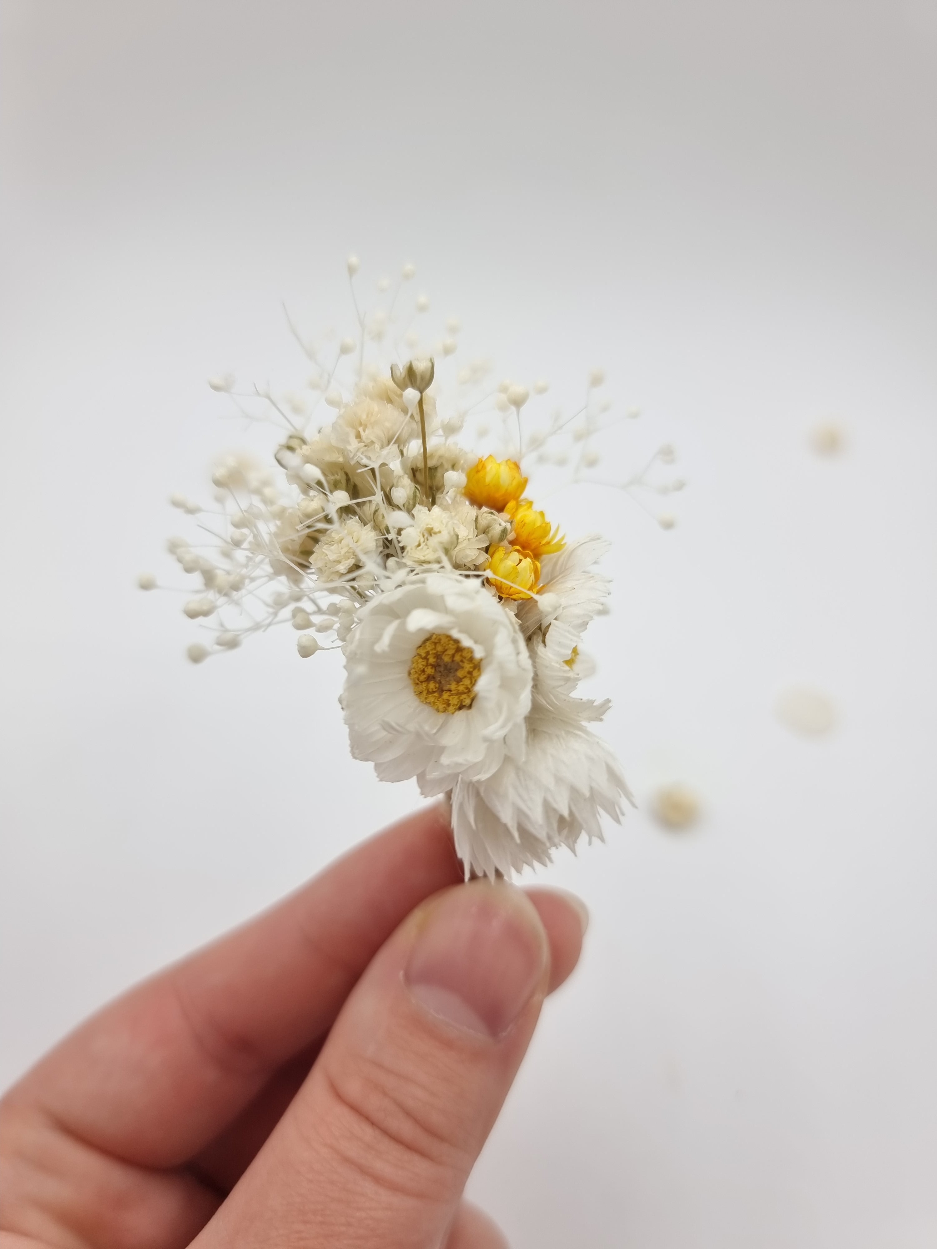 Gänseblümchen und Schleierkraut Kleiner Haarkamm Gelbe Trockenblumen, Zierlicher Weißer Trockenblumen Haarkamm, Minimalistischer Gänseblümchen Brautclip, Zartes Hochzeitshaar Accessoire