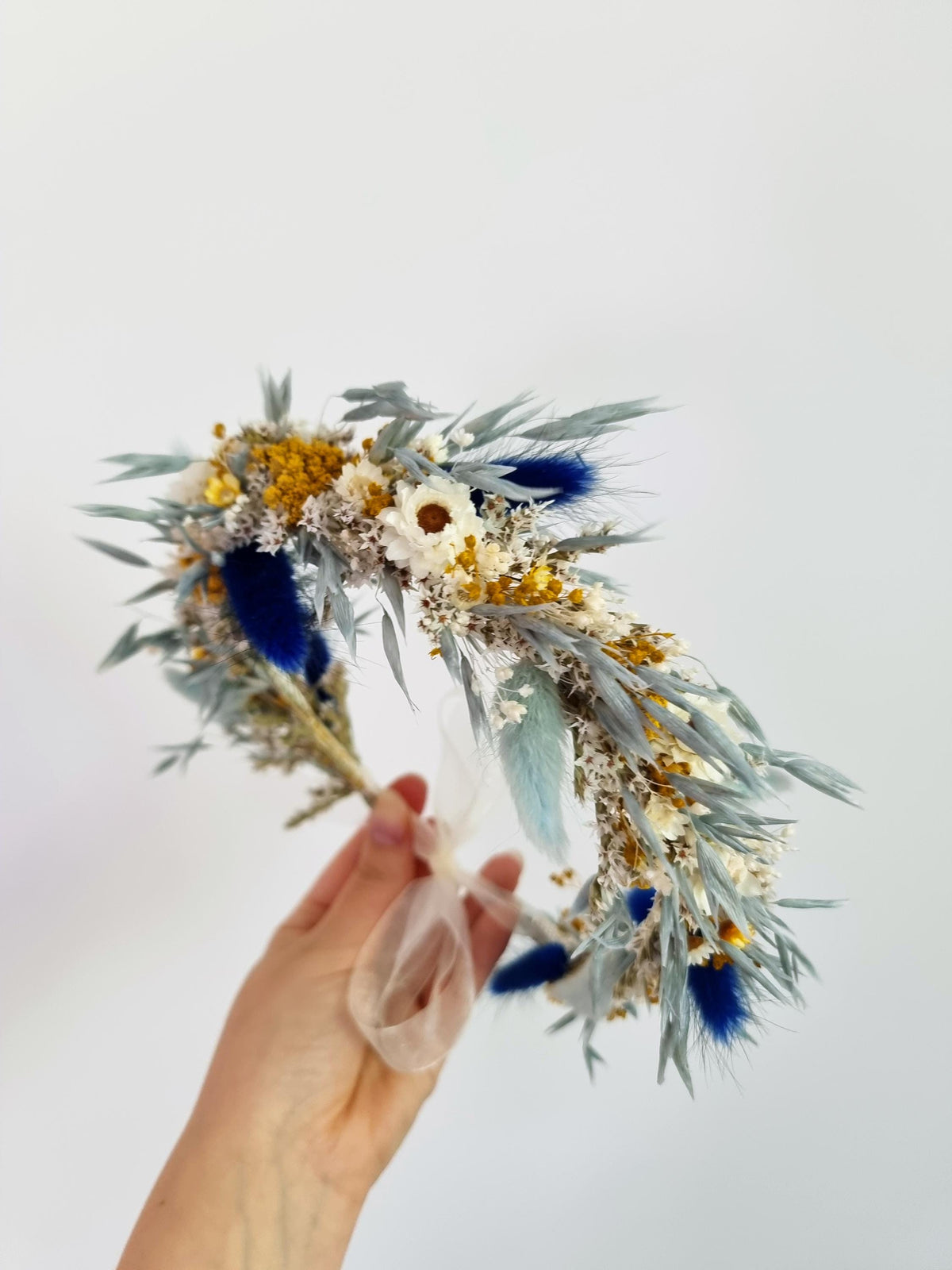 Brautkrone mit blauen und gelben Wildblumen, Hochzeitshaarkranz