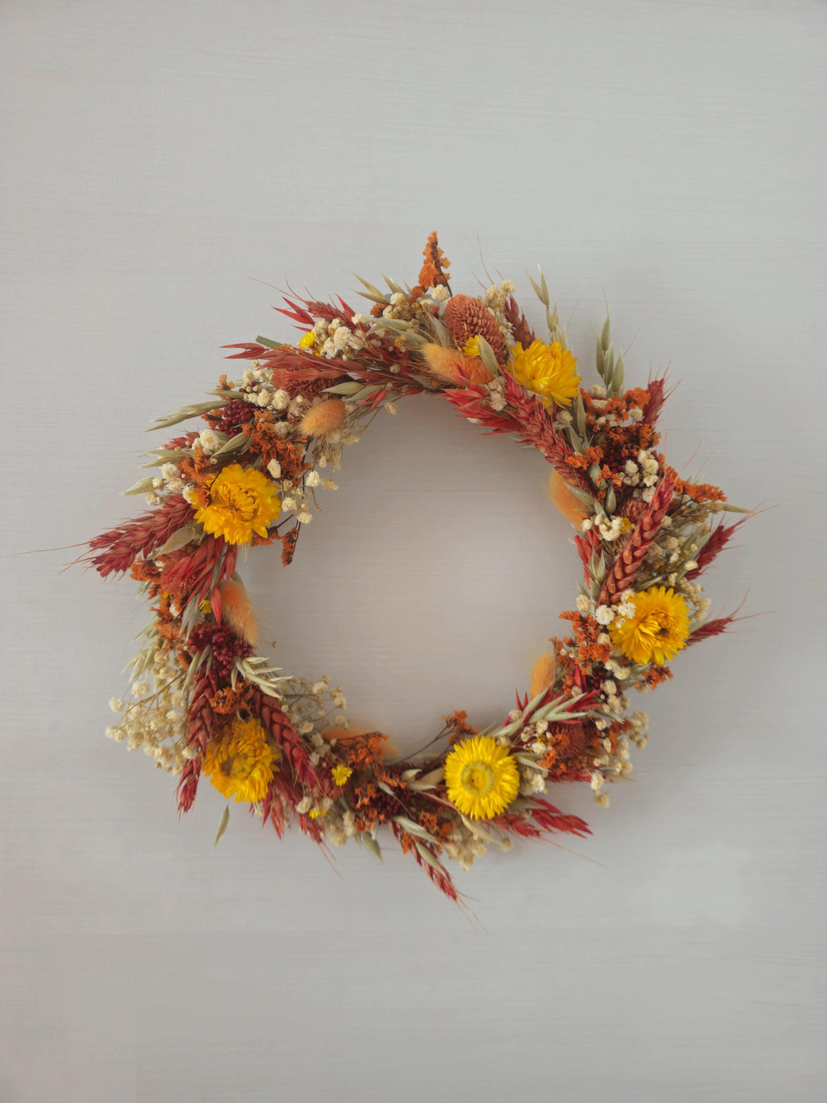 Herbstkranz mit Feldblumen, Weizen und Babyatem, getrocknete Blumenarrangement, handgemachte Einrichtung