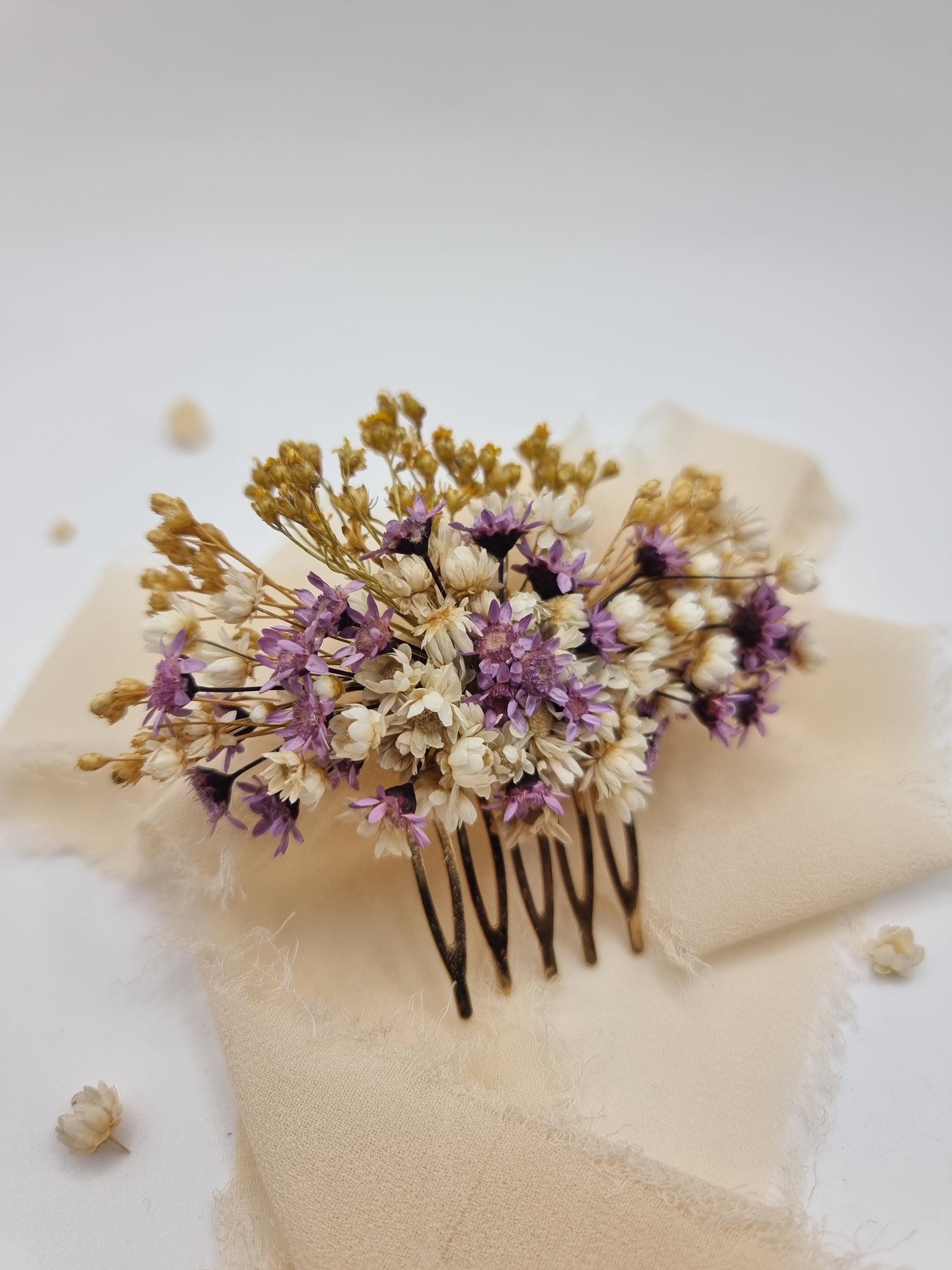 Lavendel & Lila Getrockneter Blumen-Haarkamm | Lila Braut-Haarschmuck, Verspielte Hochzeitshaarspange