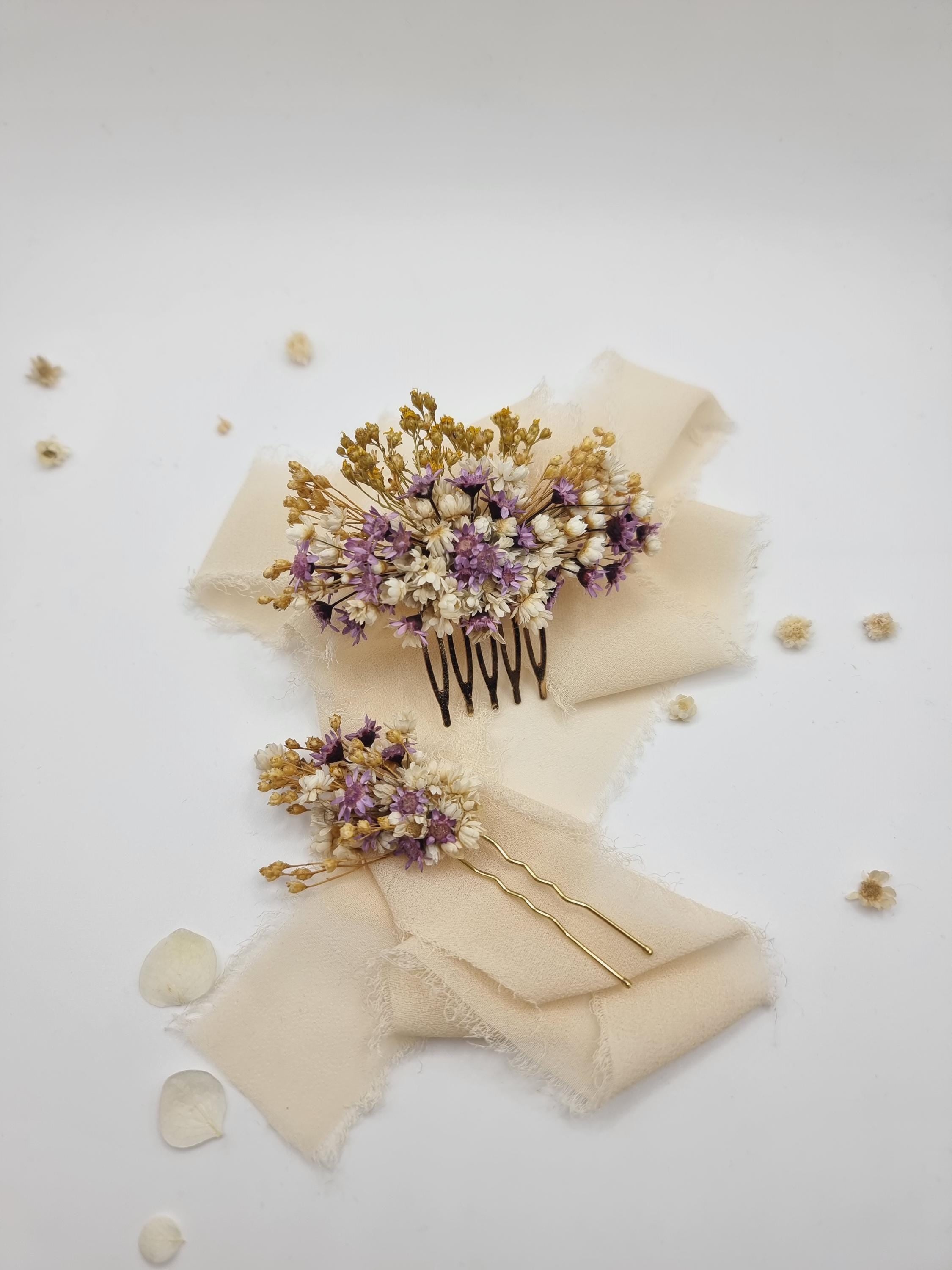 Lavendel & Lila Getrockneter Blumen-Haarkamm | Lila Braut-Haarschmuck, Verspielte Hochzeitshaarspange