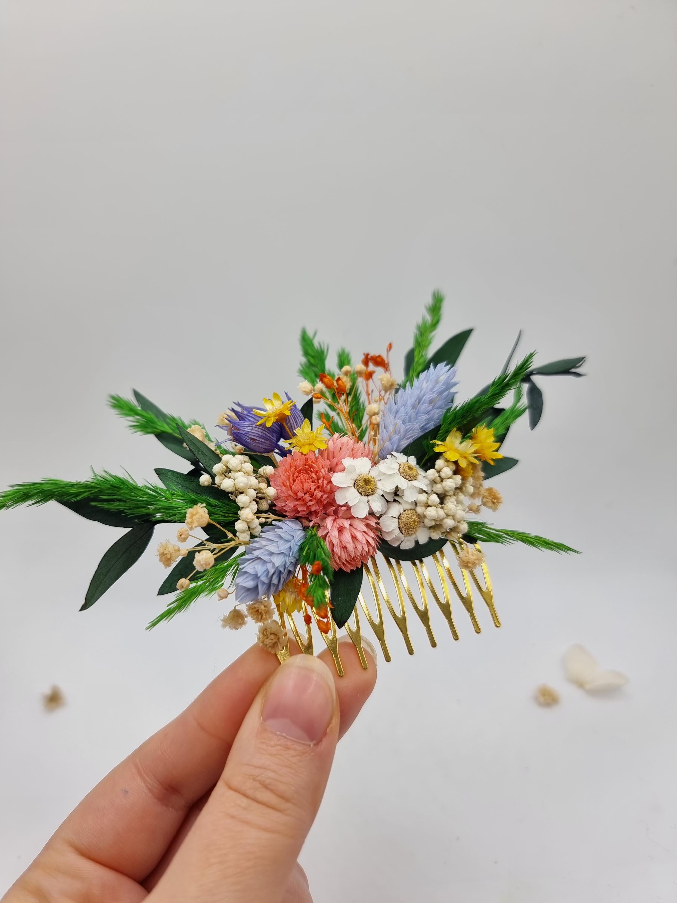 Fiesta Bunter Trockenblumen-Haarkamm | Lebhafter Boho Braut-Clip, Helles Haar-Accessoire für Hochzeitsgäste, Sommer Junggesellinnenabschied-Accessoire