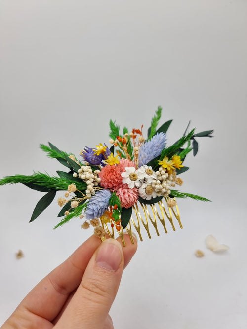 Fiesta Bunter Trockenblumen-Haarkamm | Lebhafter Boho Braut-Clip, Helles Haar-Accessoire für Hochzeitsgäste, Sommer Junggesellinnenabschied-Accessoire