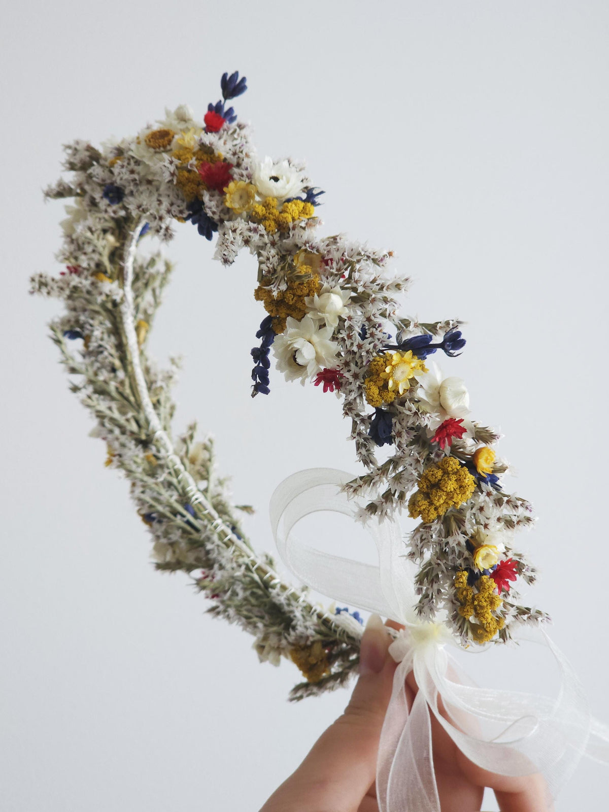 Brautkrone mit Wildblumen, Hochzeitshaarkranz, getrocknete Wiesen und Feldblumen Stirnband