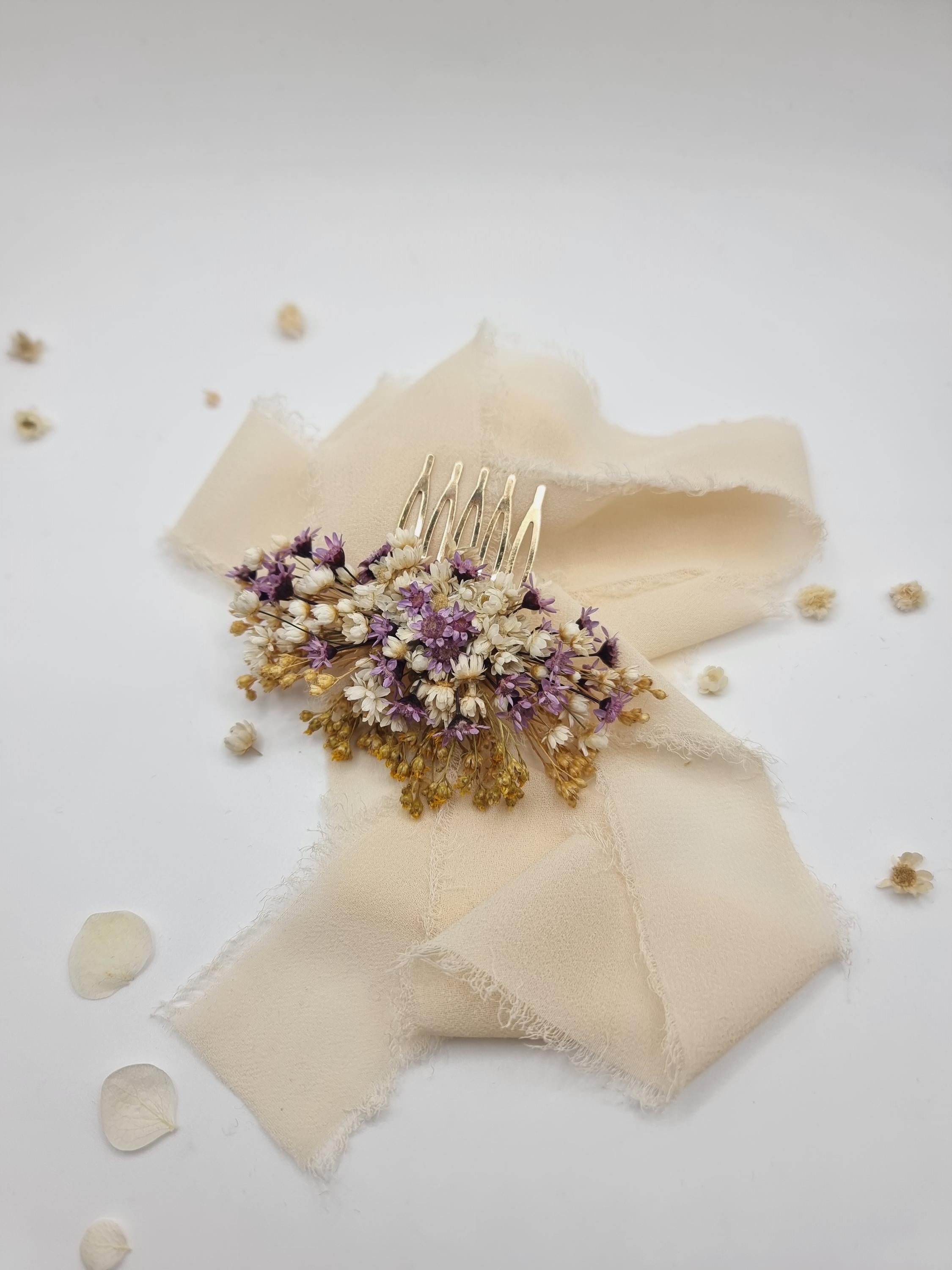 Lavendel & Lila Getrockneter Blumen-Haarkamm | Lila Braut-Haarschmuck, Verspielte Hochzeitshaarspange