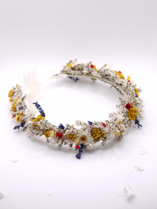 Brautkrone mit Wildblumen, Hochzeitshaarkranz, getrocknete Wiesen und Feldblumen Stirnband