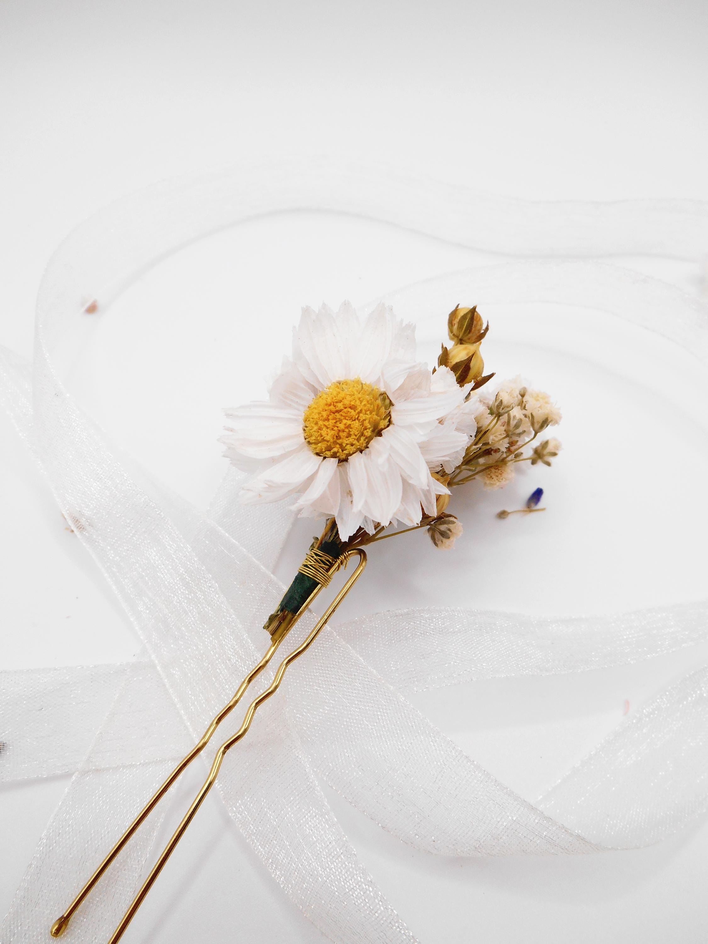 Haarkamm mit getrockneten weißen Gänseblümchen, Haarkamm mit getrockneten Elfenbein- & Goldblumen | Vintage Brautkopfschmuck, rustikaler Hochzeitsgast-Gänseblümchen-Clip, Boho-Chic Brautjungfern-Haarschmuck