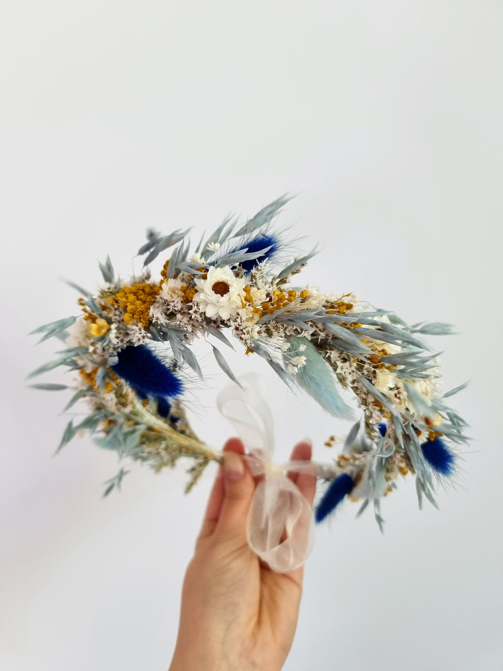 Brautkrone mit blauen und gelben Wildblumen, Hochzeitshaarkranz