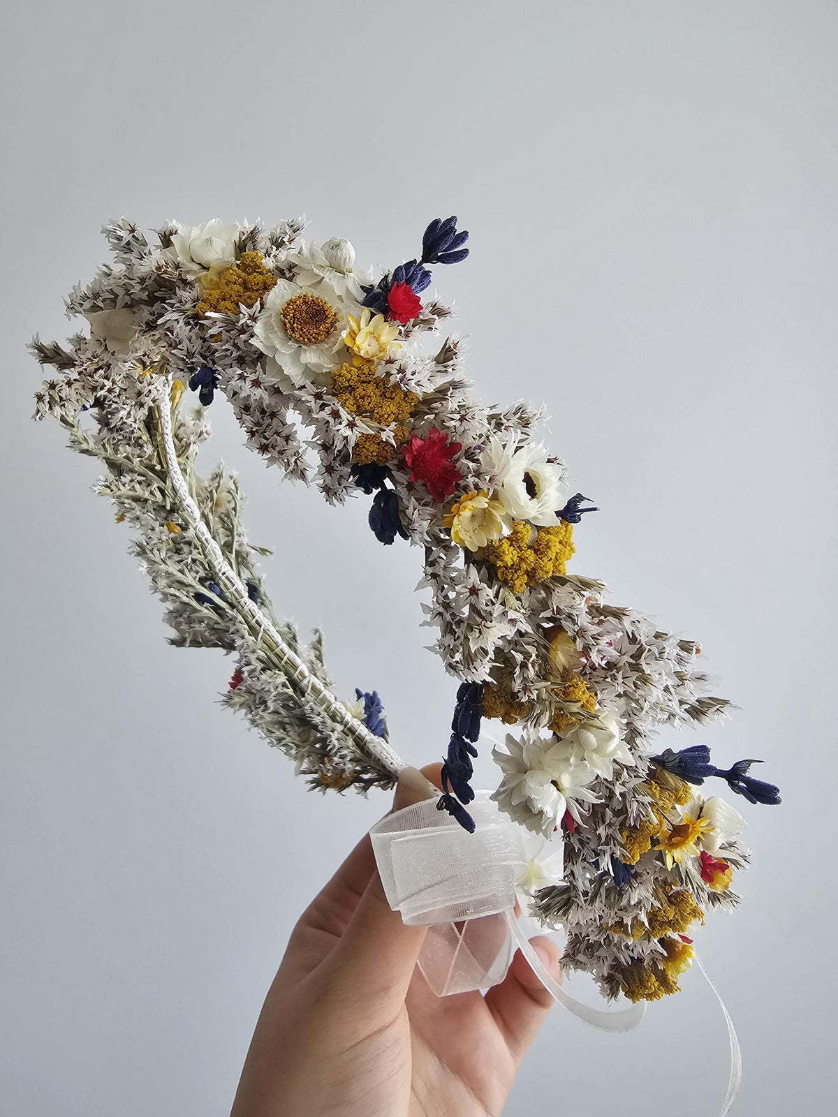 Brautkrone mit Wildblumen, Hochzeitshaarkranz, getrocknete Wiesen und Feldblumen Stirnband