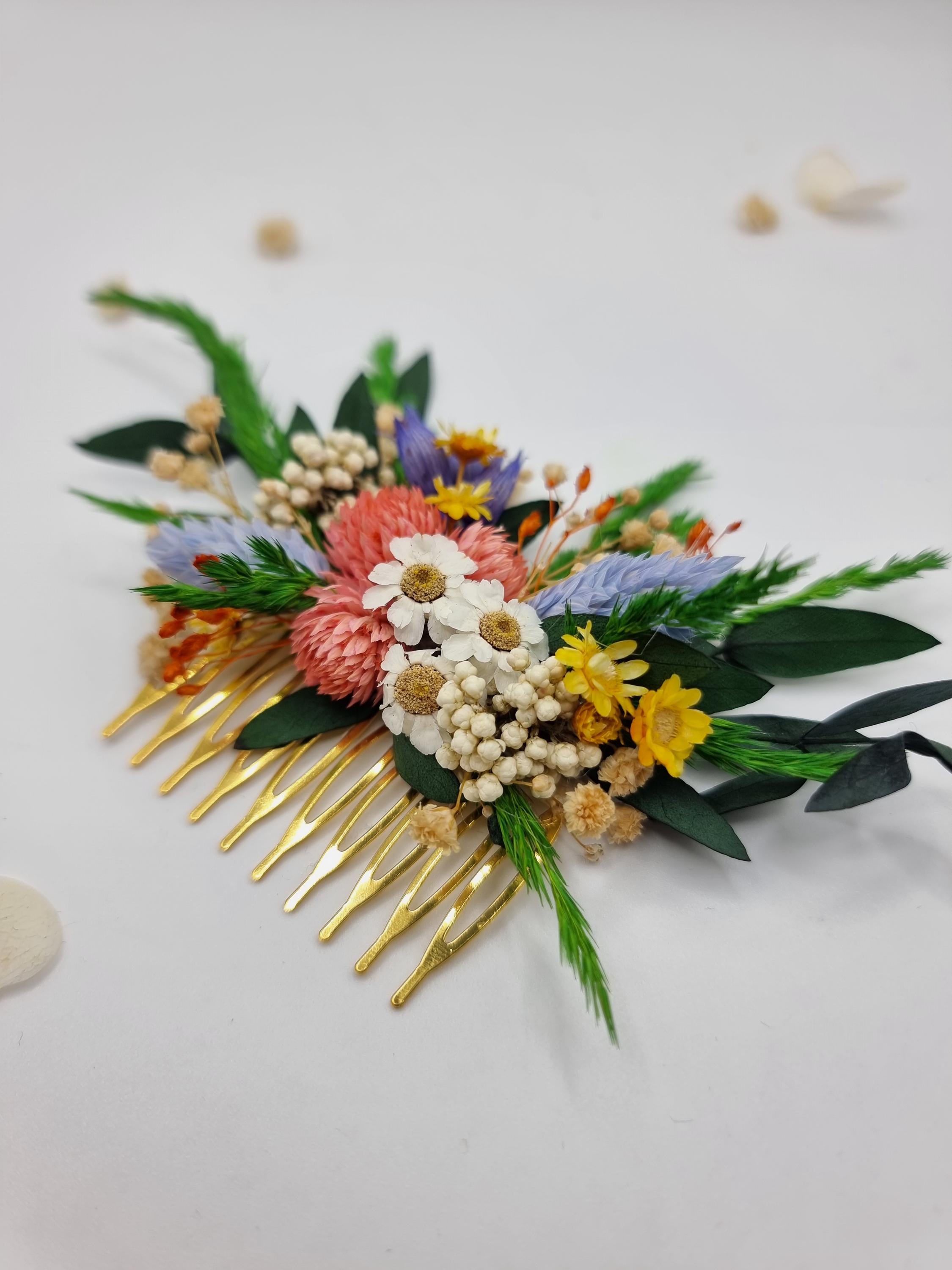 Fiesta Bunter Trockenblumen-Haarkamm | Lebhafter Boho Braut-Clip, Helles Haar-Accessoire für Hochzeitsgäste, Sommer Junggesellinnenabschied-Accessoire