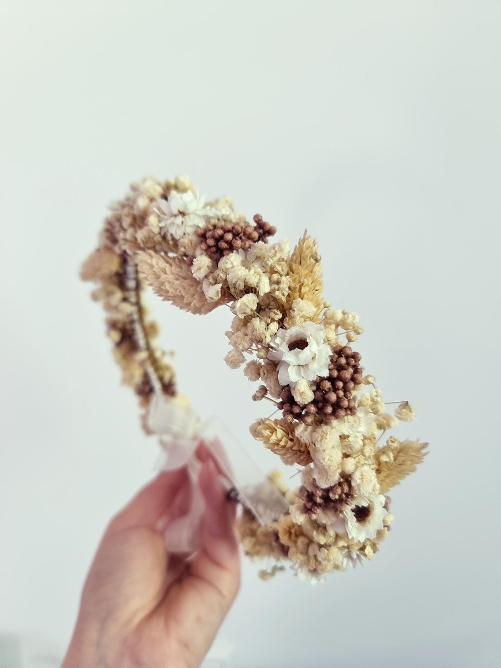 Creme Gypsophila Blumenkranz mit braunen Akzenten, Elfenbein getrocknete Wiesenblüten Kopf Krone