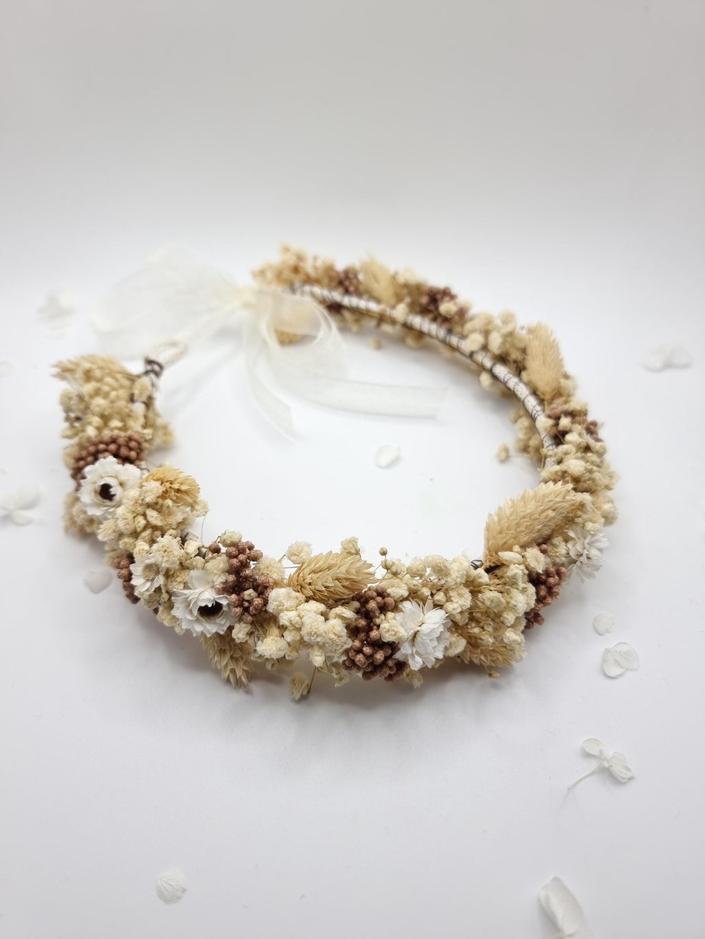 Creme Gypsophila Blumenkranz mit braunen Akzenten, Elfenbein getrocknete Wiesenblüten Kopf Krone