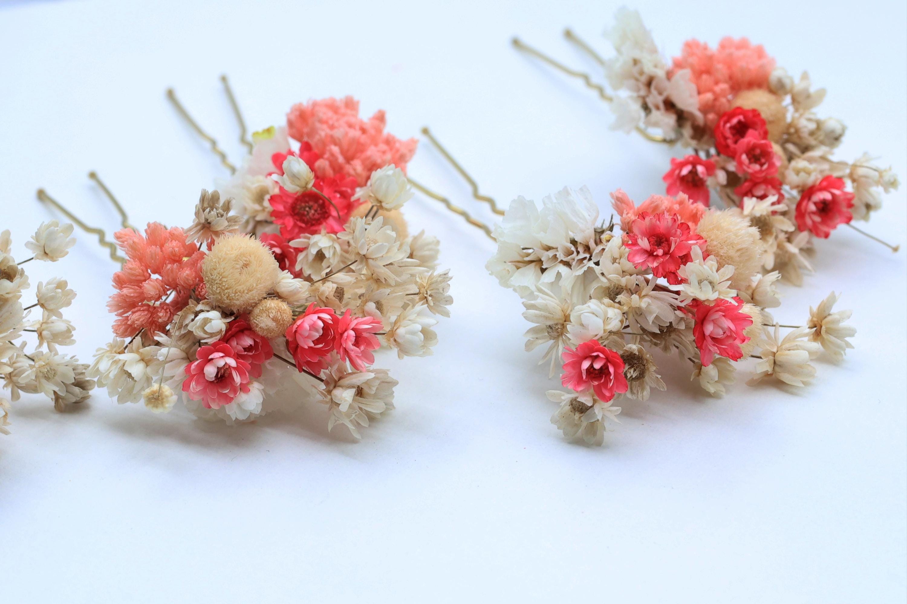 Rosa Braut-Haarnadeln mit Trockenblumen, Schleierkrautblüten in Weiß, Handgefertigte Blütenaccessoires