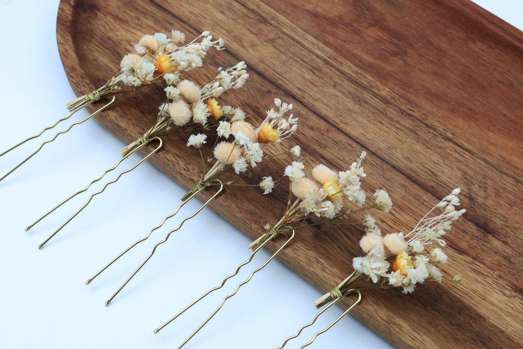 Elfenbein-Blumenhaarnadeln für Hochzeiten, Naturfarbene Akzente in Gelb, Haarschmuck für Bräute