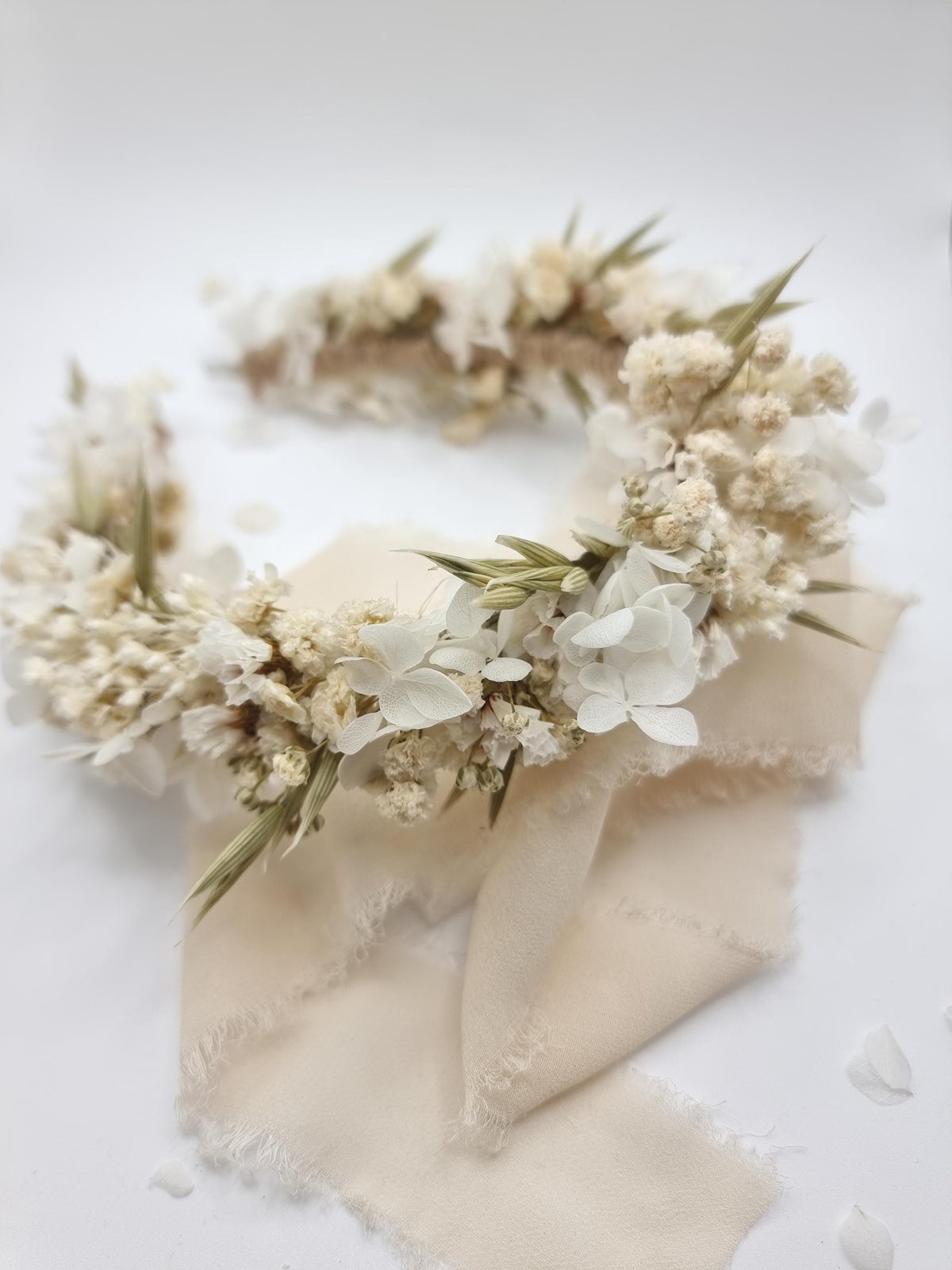 Hochzeitskrone mit Hortensie und Babyatem, Braut-Gypsophila-Stirnband, weißer Blumenkopfkranz