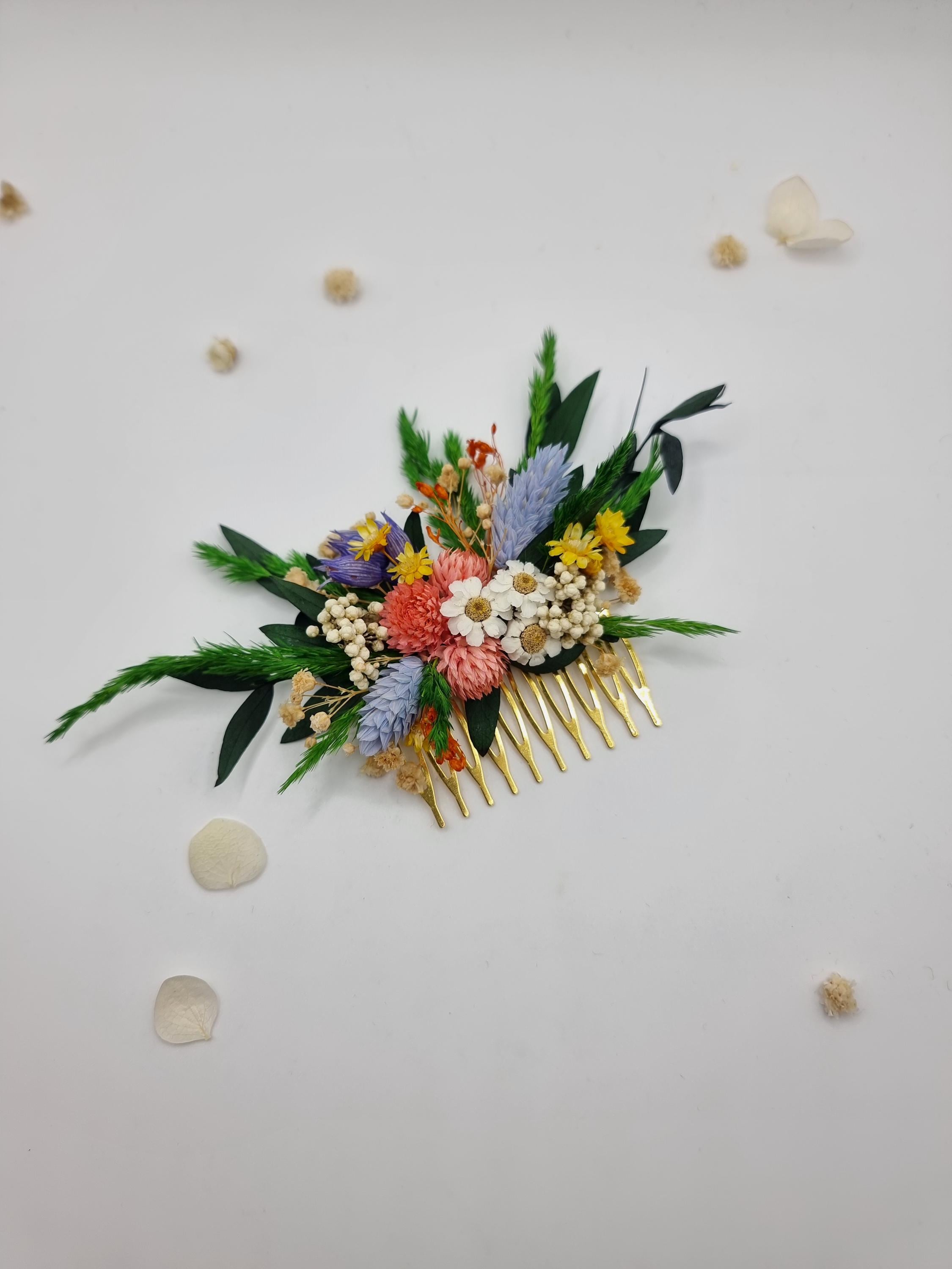 Fiesta Bunter Trockenblumen-Haarkamm | Lebhafter Boho Braut-Clip, Helles Haar-Accessoire für Hochzeitsgäste, Sommer Junggesellinnenabschied-Accessoire