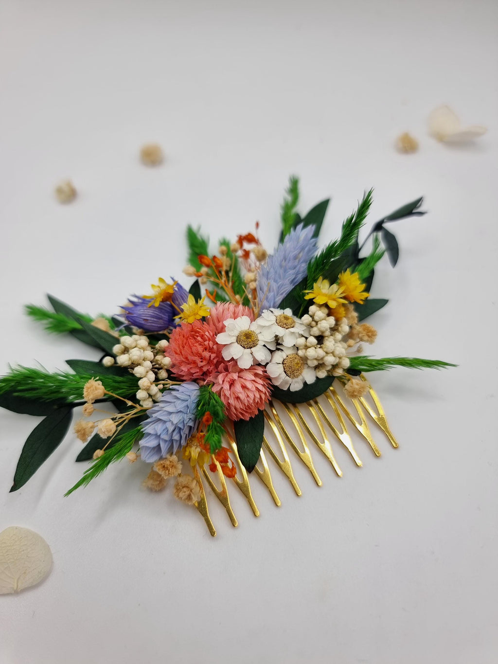 Fiesta Bunter Trockenblumen-Haarkamm | Lebhafter Boho Braut-Clip, Helles Haar-Accessoire für Hochzeitsgäste, Sommer Junggesellinnenabschied-Accessoire