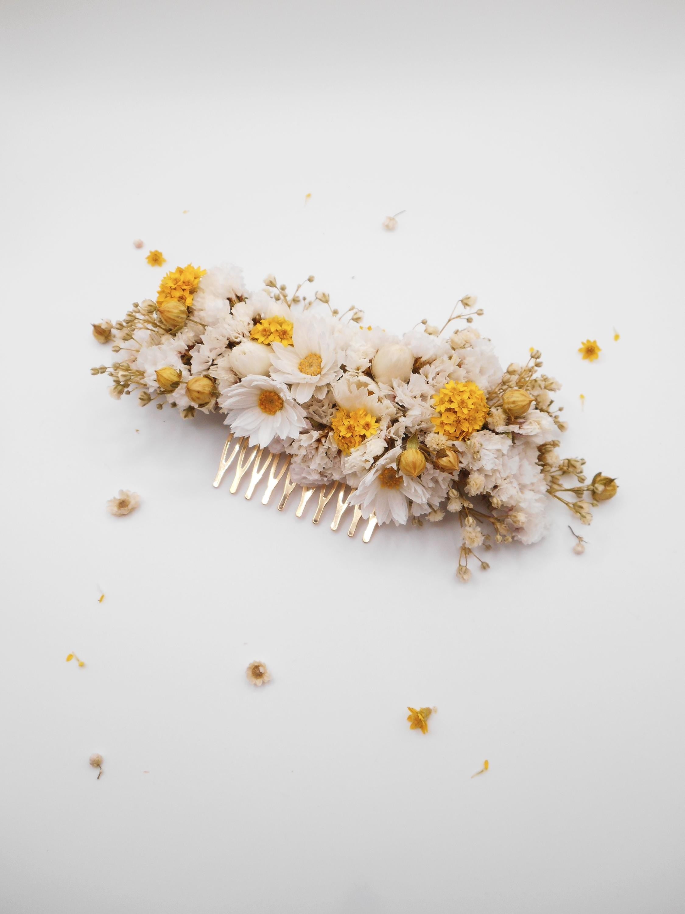 Haarkamm mit getrockneten weißen Gänseblümchen, Haarkamm mit getrockneten Elfenbein- & Goldblumen | Vintage Brautkopfschmuck, rustikaler Hochzeitsgast-Gänseblümchen-Clip, Boho-Chic Brautjungfern-Haarschmuck