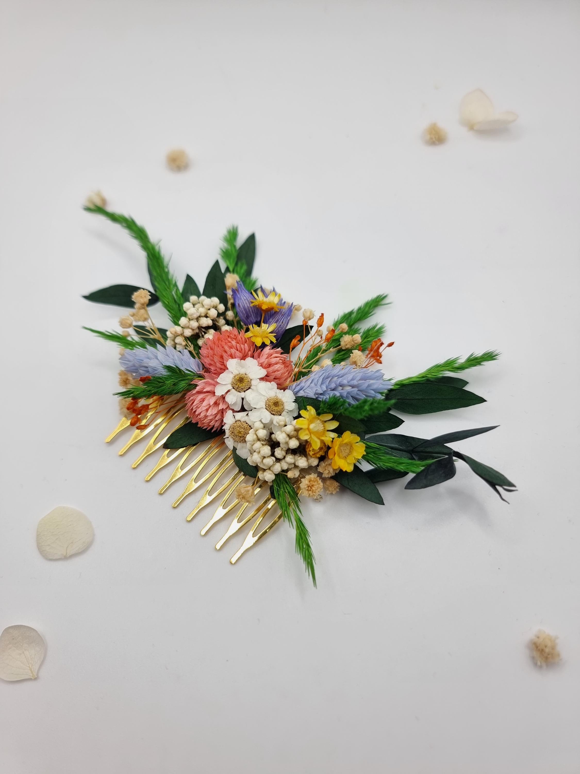 Fiesta Bunter Trockenblumen-Haarkamm | Lebhafter Boho Braut-Clip, Helles Haar-Accessoire für Hochzeitsgäste, Sommer Junggesellinnenabschied-Accessoire