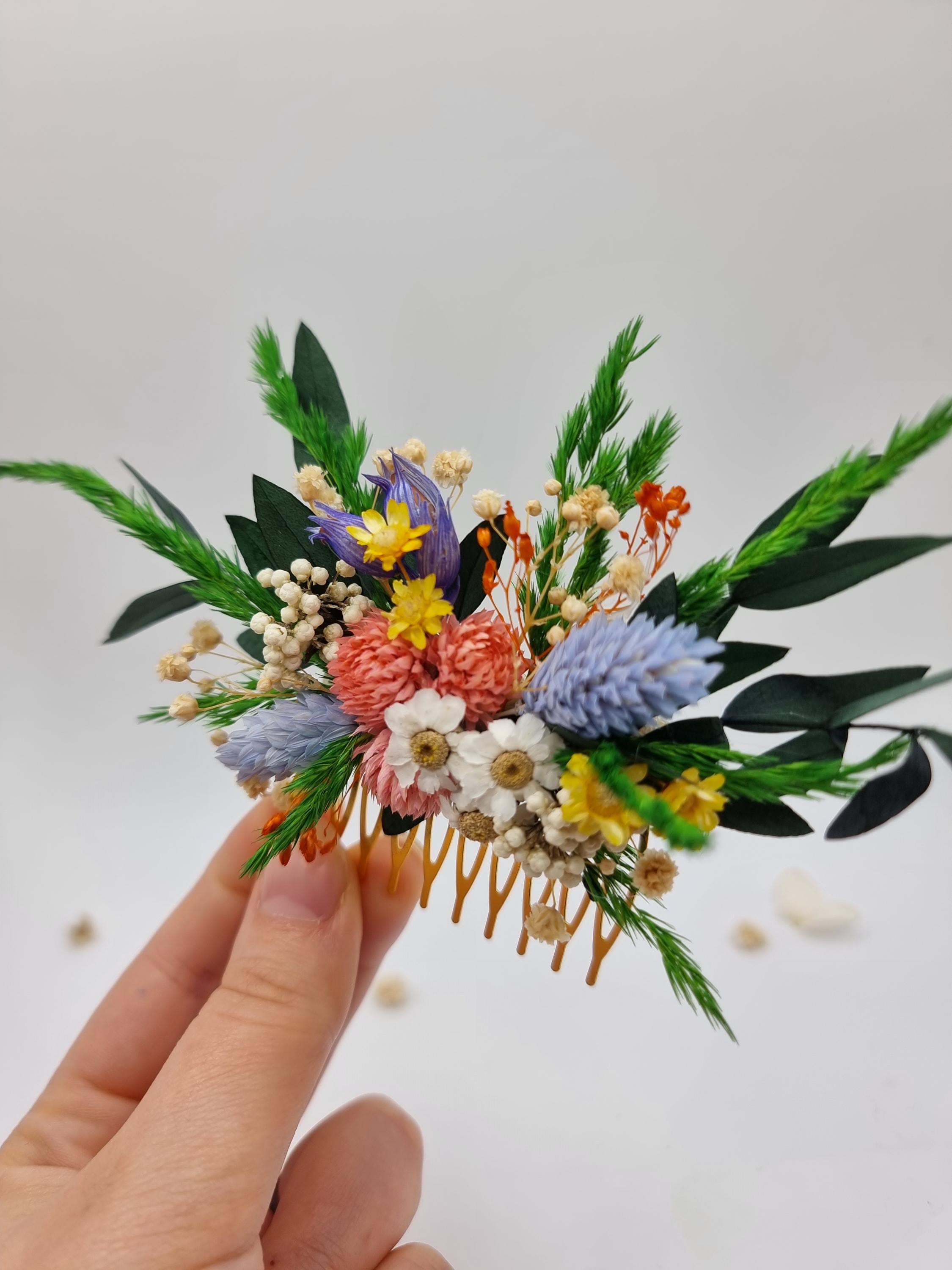 Fiesta Bunter Trockenblumen-Haarkamm | Lebhafter Boho Braut-Clip, Helles Haar-Accessoire für Hochzeitsgäste, Sommer Junggesellinnenabschied-Accessoire