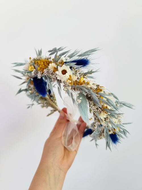 Brautkrone mit blauen und gelben Wildblumen, Hochzeitshaarkranz