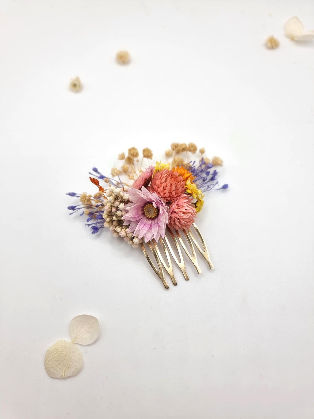 Lebhafter pink-gelber Kamm mit Trockenblumen, Farbenfroher Boho Brauthaarschmuck, Auffälliger Hochzeitsgast Haarclip,
