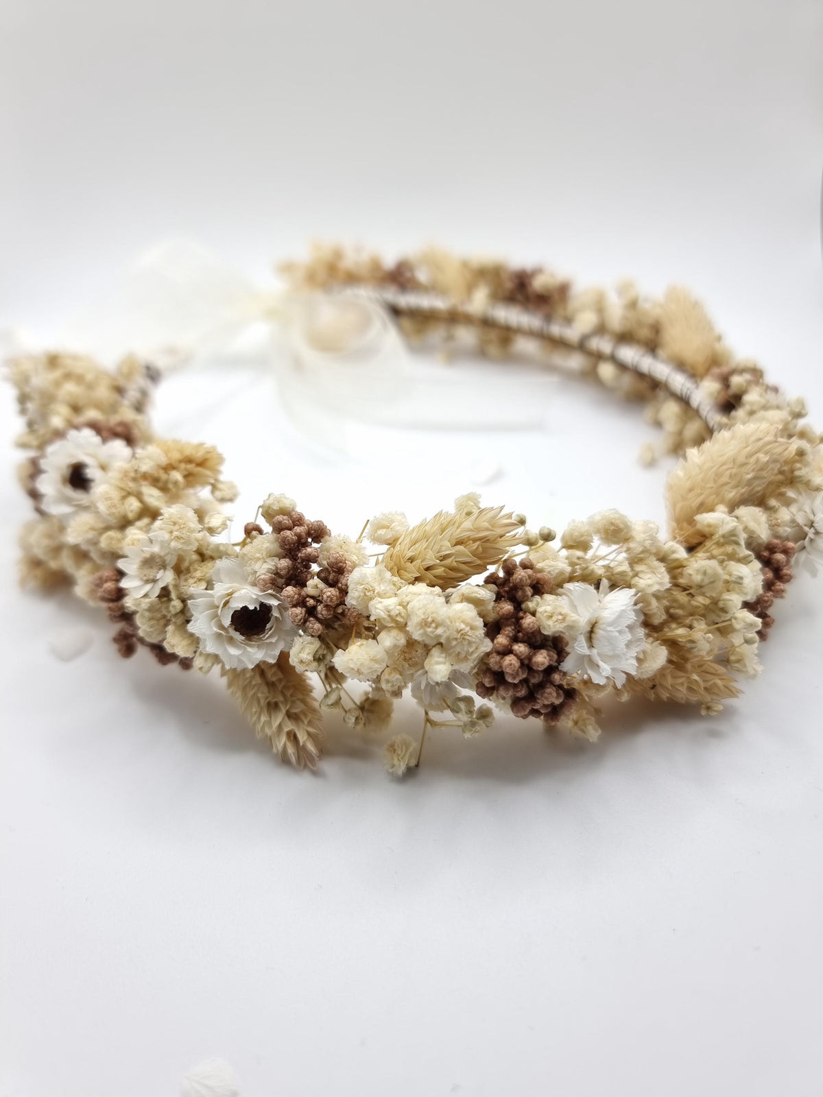 Creme Gypsophila Blumenkranz mit braunen Akzenten, Elfenbein getrocknete Wiesenblüten Kopf Krone